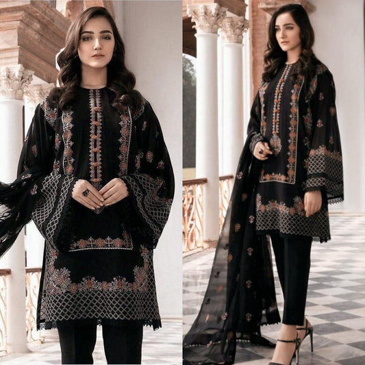 3-PCS Women Unstitched Lawn Embroidered Suit